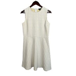 Ann Taylor Dress Women 8P Cream Cotton Geometric Jacquard Sleeveless Fit Flare